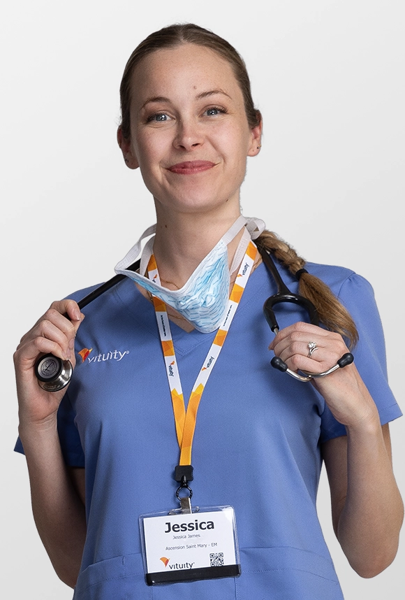 femal vituity physician wearing blue scrubs