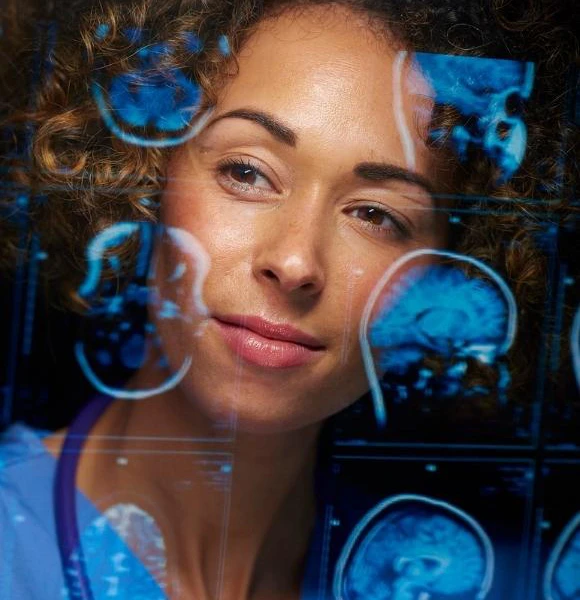 Image of female physician's reflection in imaging 