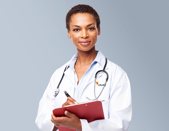 Female advanced provider with red clipboard