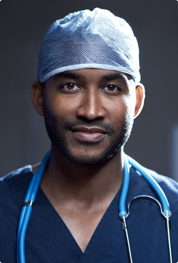Image of physician wearing blue scrubs
